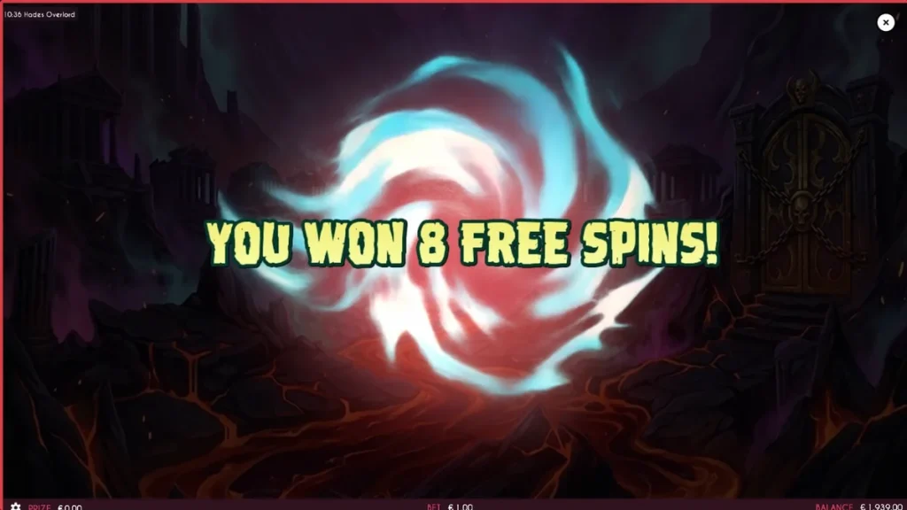 Pemandangan visual gelap dan mistis dari slot Hades Overlord dengan elemen api dan dewa Hades.