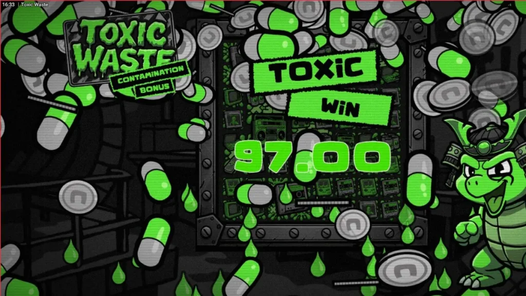 Tampilan visual slot Toxic Waste dengan tema laboratorium radioaktif dan simbol neon.